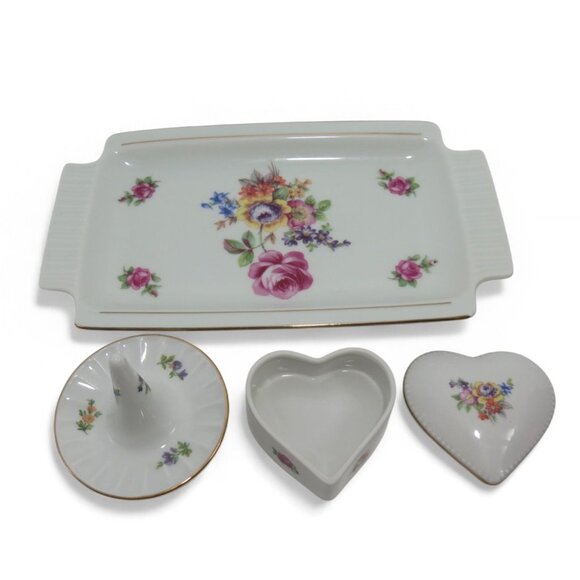 Vanity Set German Democratic Republic Floral Tray Ring Holder Heart Box Vintage - Picture 1 of 11